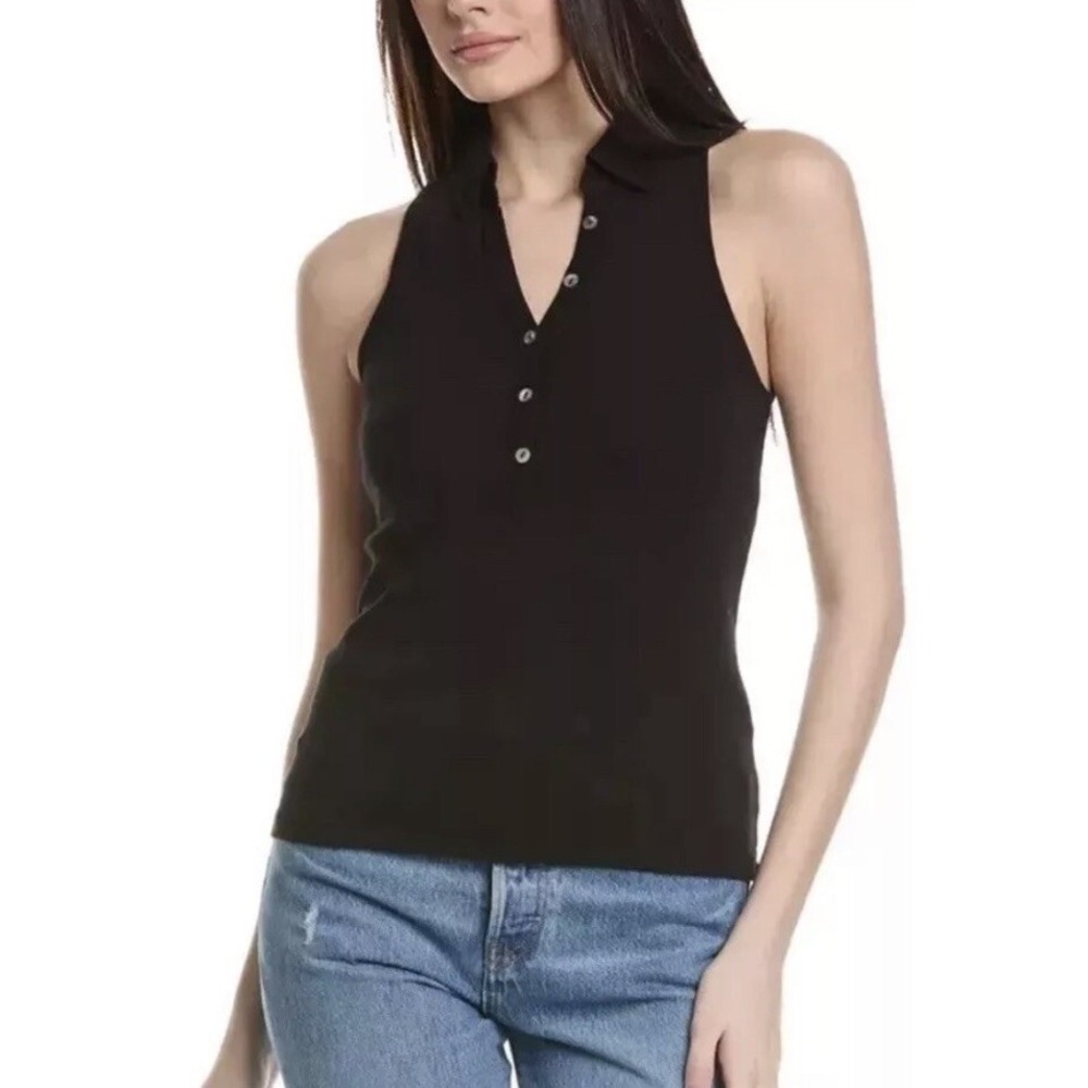 Michael Stars Norah Sleeveless Rib Knit Collared Polo Women's 2X Black NWT